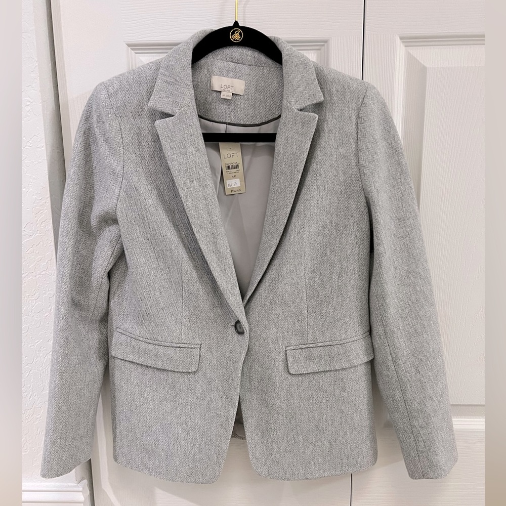 NWT Ann Taylor Loft Grey Herringbone Ladies Blazer Jacket Size 4 Petite